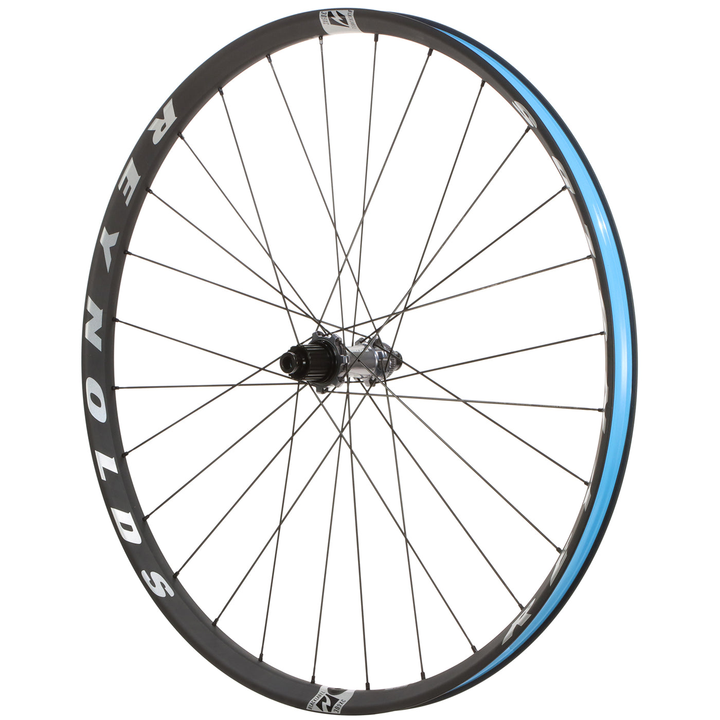 Bicycle wheel with blue rim and Reynolds branding on a white background