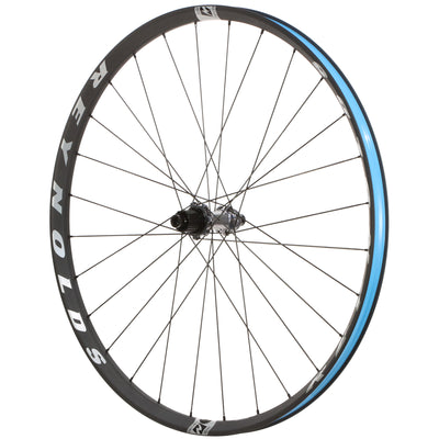 Bicycle wheel with blue rim and Reynolds branding on a white background