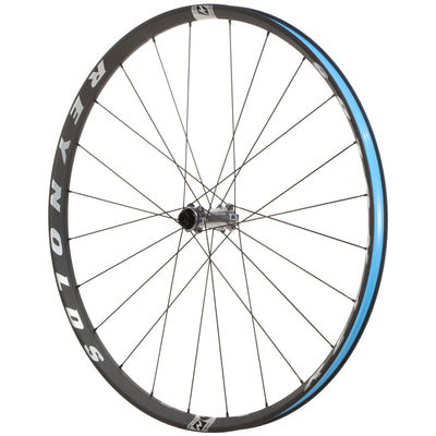 Bicycle wheel with blue rim and black tire on a white background